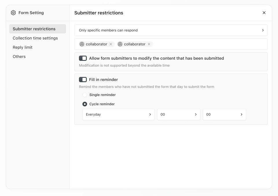 Shimo form settings with navigation on the left and submitter restrictions on the right